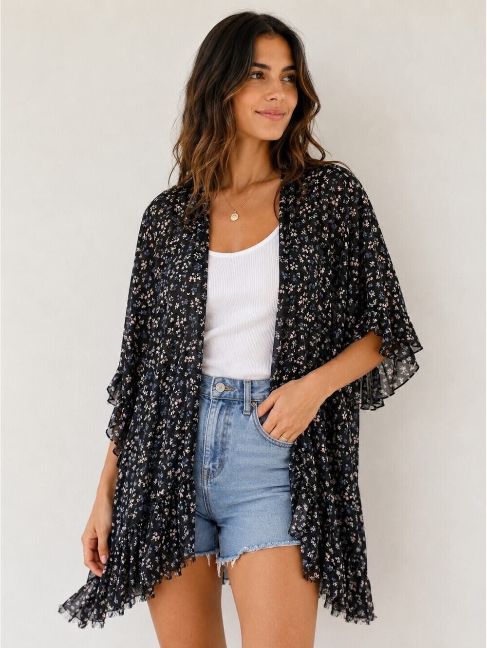 LC Lauren Conrad Black Floral Ruffle Kimono Cover Up Sheer Open Front Boho
